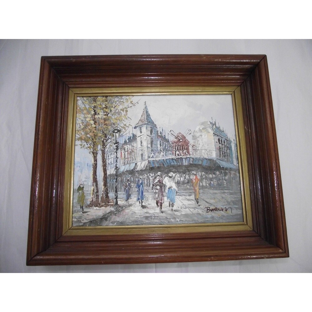 Vtg Signed Burnett Caroline Oil Painting Paris Moulin Rouge Street Scene Framed